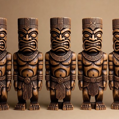 Five Wooden Tiki Statues