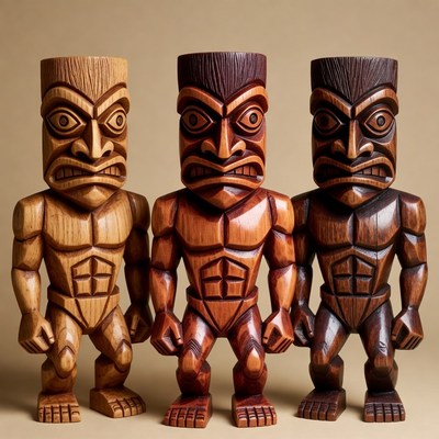 Three Wooden Tiki Statues