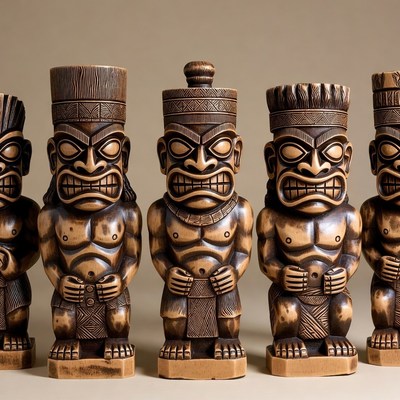 Five Wooden Tiki Statues