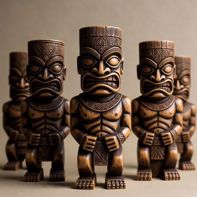 Five Wooden Tiki Statues