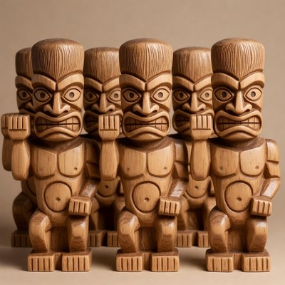 Row of carved wooden Tiki figures
