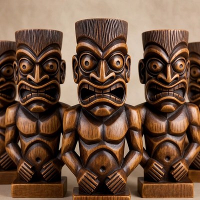 Carved Wooden Tiki Statues Group