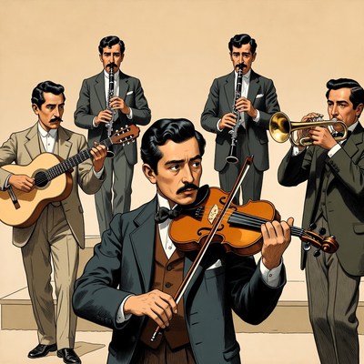 Men's band playing instruments illustration