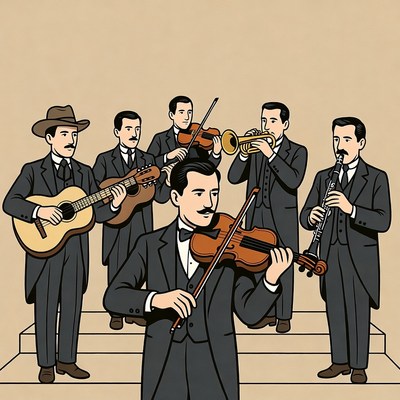 Men's band playing instruments illustration