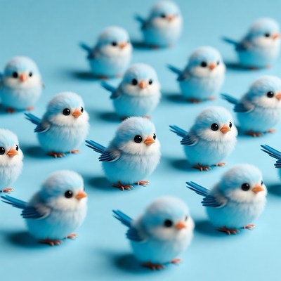 Blue fluffy baby birds on blue background