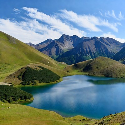 Alpine Lake Surrounded by Green Mountains