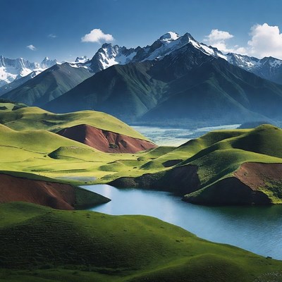 Snowy Mountains Green Hills Blue Lake