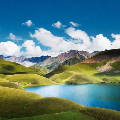 Green Hills with Blue Lake and Mountains