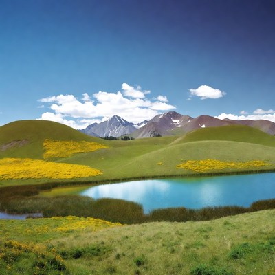 Mountain Landscape with Lake and Yellow Flowers