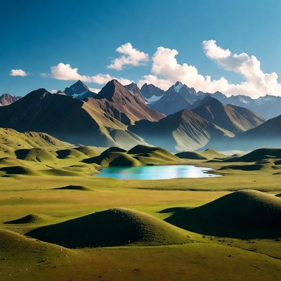 Turquoise Lake in Green Rolling Mountains