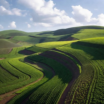 Rolling Green Hills with Wavy Fields