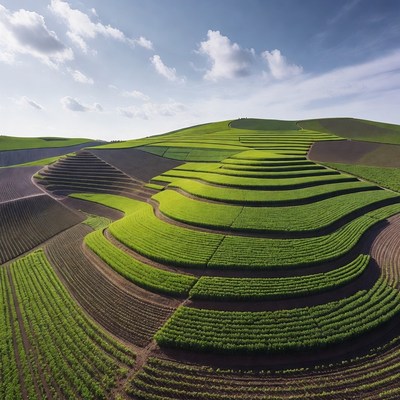 Curved Green Rice Terraces Aerial View