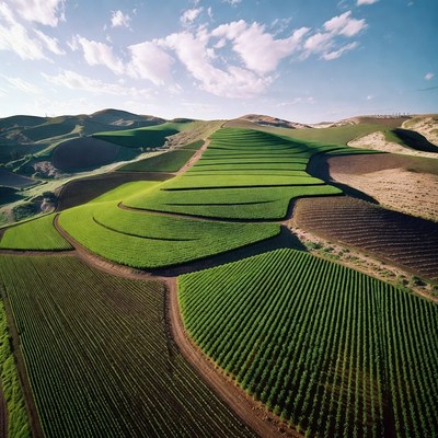 Terraced Green Fields on Rolling Hills