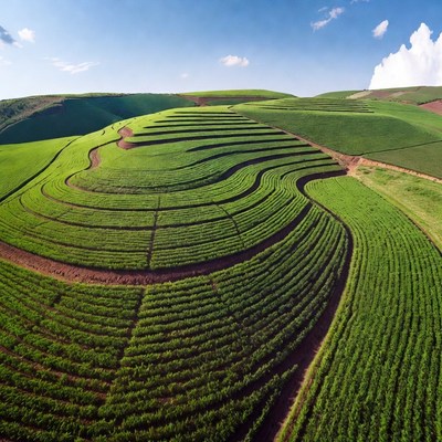 Curved Green Rice Terraces Landscape