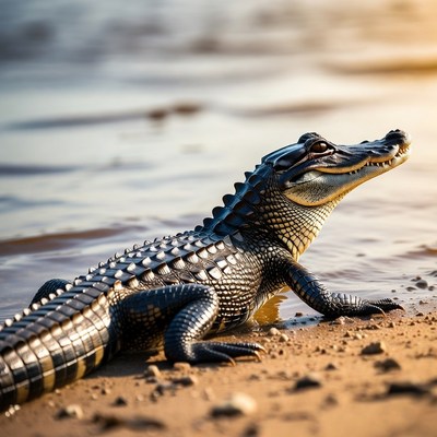Alligator resting by riverbank