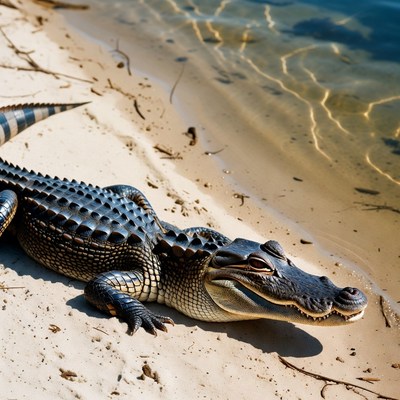 Alligator on sandy beach by water