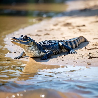Alligator resting on riverbank