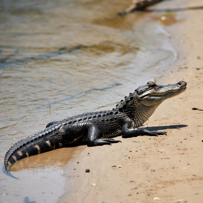 Alligator lying on riverbank
