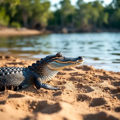 Alligator on sandy lakeshore