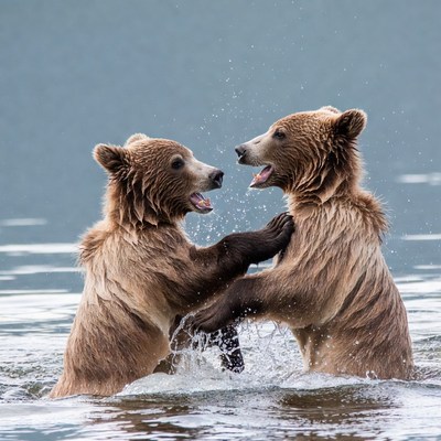 Two Grizzly Bear Cubs Playing in Water