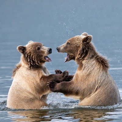Two Grizzly Bears Play Fighting in Water