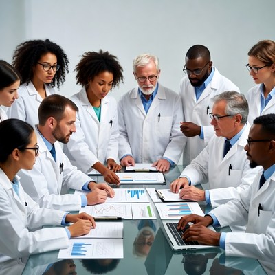 Diverse doctors analyzing charts in meeting