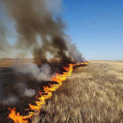Grass fire burning in dry field