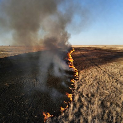 Grassland wildfire burning through field