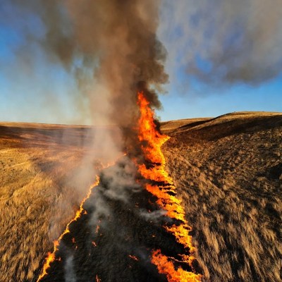 Grassland wildfire burning through dry hills