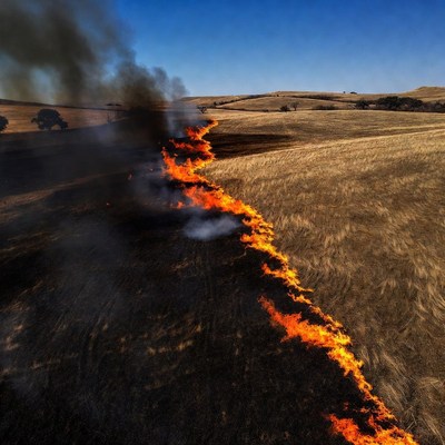 Grass fire burning through dry field