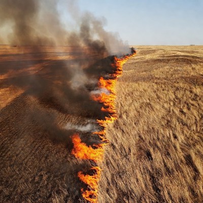 Grassland Fire Burning Through Dry Field