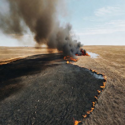Grassland wildfire burning field