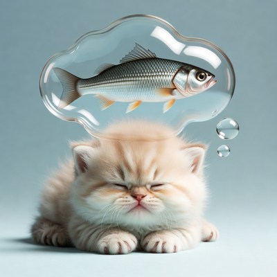 Kitten Dreaming of Fish in Bubble