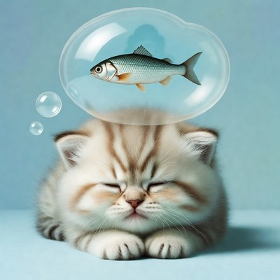 Sleeping Kitten Dreaming Fish Bubble