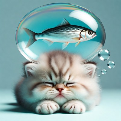Sleeping Kitten with Fish in Bubble