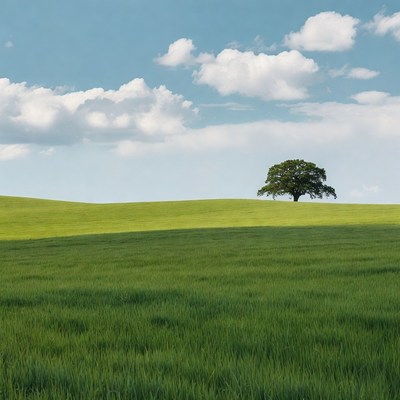 Lone Oak Tree on Green Hill
