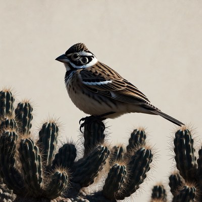 Lark Sparrow perched on cactus