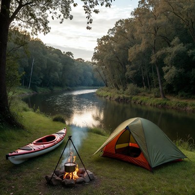 Tent and campfire by riverside
