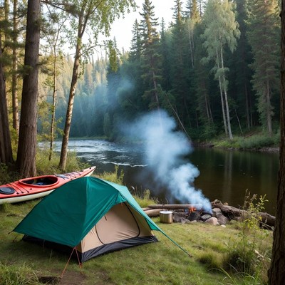 Green tent and campfire by forest river