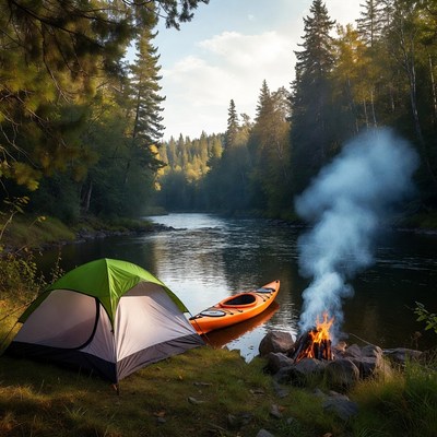 Green tent campfire kayak riverside