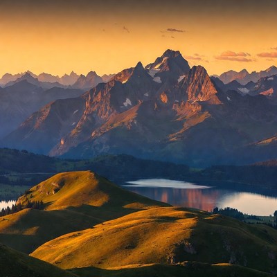 Sunset over mountains and lake