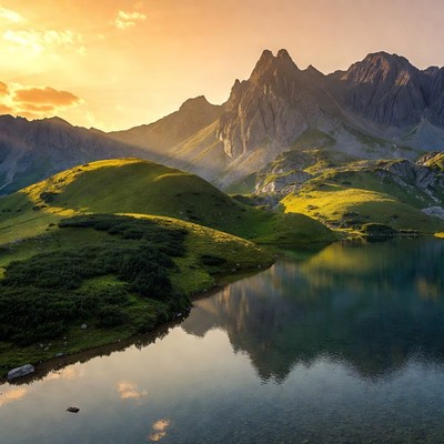 Sunset over Alpine Lake and Mountains