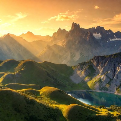 Sunset over mountains and lake