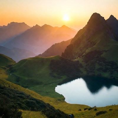 Sunset over mountain lake