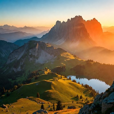 Dolomites Mountains Sunset with Lake