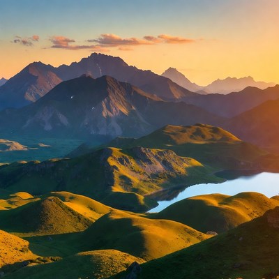 Sunset over alpine mountains and lake