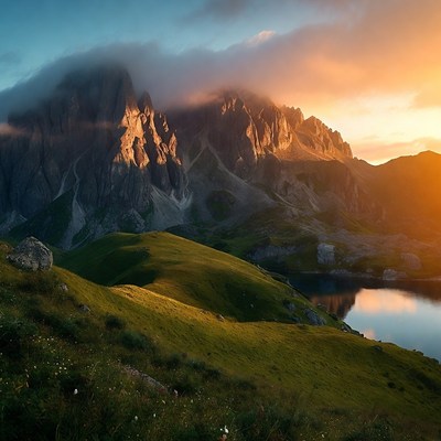 Dramatic Mountains Sunset with Lake
