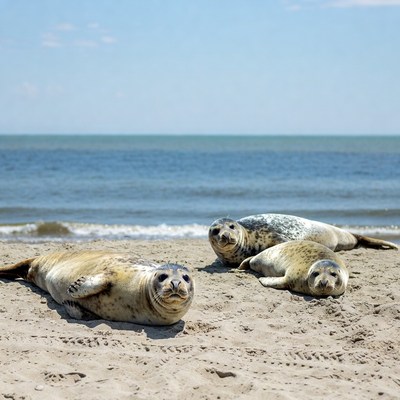 Harbor seals lounging on beach
