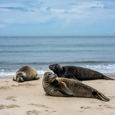 Three seals lounging on beach