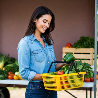 Woman shopping vegetables at farmers market